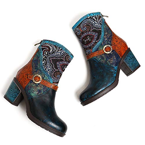 gracosy Botines Mujer Chelsea Botas Cuero Bajo Bloque Tacón Botas Invierno Retro Bohemio Nieve Botas Antideslizante Empalme Estilo Cremallera