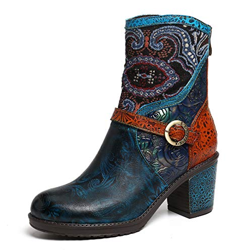 gracosy Botines Mujer Chelsea Botas Cuero Bajo Bloque Tacón Botas Invierno Retro Bohemio Nieve Botas Antideslizante Empalme Estilo Cremallera
