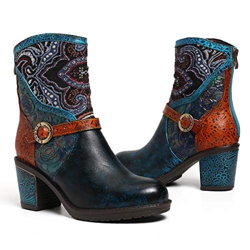 gracosy Botines Mujer Chelsea Botas Cuero Bajo Bloque Tacón Botas Invierno Retro Bohemio Nieve Botas Antideslizante Empalme Estilo Cremallera