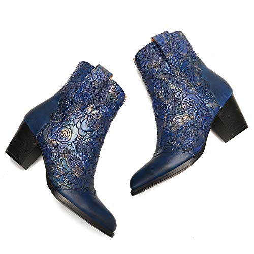 gracosy Botines Mujer Chelsea Botas Cuero Bajo Bloque Tacón Invierno Antideslizante Botas Retro Bohemio Empalme PatrónEstilo Cremallera Rojo