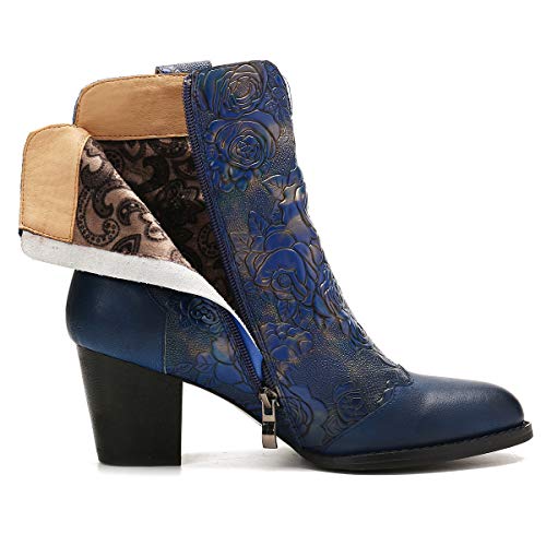 gracosy Botines Mujer Chelsea Botas Cuero Bajo Bloque Tacón Invierno Antideslizante Botas Retro Bohemio Empalme PatrónEstilo Cremallera Rojo