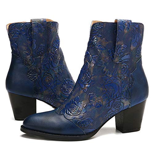 gracosy Botines Mujer Chelsea Botas Cuero Bajo Bloque Tacón Invierno Antideslizante Botas Retro Bohemio Empalme PatrónEstilo Cremallera Rojo