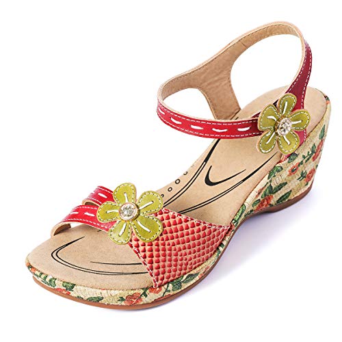gracosy Sandalias Cuero Verano Mujer Estilo Bohemia Zapatos de Tacón Medio para Mujer de Dedo Cuña Sandalias Talla Grande Chanclas Romanas de Mujer Gris Rojo Azul Hecho a Mano Los Zapatos 2019
