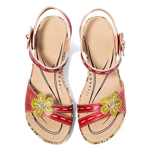 gracosy Sandalias Cuero Verano Mujer Estilo Bohemia Zapatos de Tacón Medio para Mujer de Dedo Cuña Sandalias Talla Grande Chanclas Romanas de Mujer Gris Rojo Azul Hecho a Mano Los Zapatos 2019