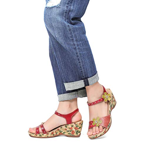 gracosy Sandalias Cuero Verano Mujer Estilo Bohemia Zapatos de Tacón Medio para Mujer de Dedo Cuña Sandalias Talla Grande Chanclas Romanas de Mujer Gris Rojo Azul Hecho a Mano Los Zapatos 2019