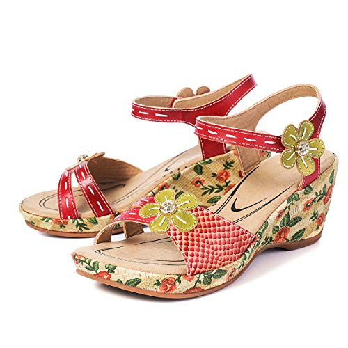 gracosy Sandalias Cuero Verano Mujer Estilo Bohemia Zapatos de Tacón Medio para Mujer de Dedo Cuña Sandalias Talla Grande Chanclas Romanas de Mujer Gris Rojo Azul Hecho a Mano Los Zapatos 2019