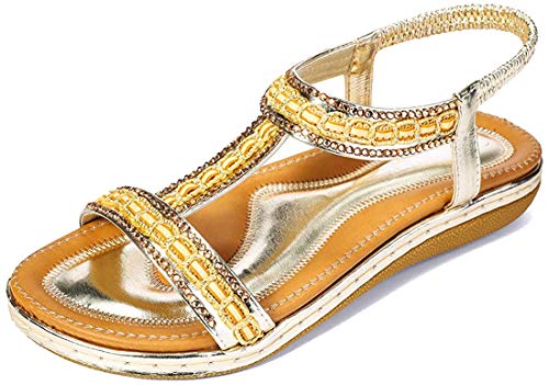 gracosy Sandalias Planas Verano Mujer Estilo Bohemia Zapatos para Mujer de Dedo Sandalias Talla Grande 37-43 Cinta Elástica Casuales de Playa Chanclas Romanas de Mujer Negro Beige 2020