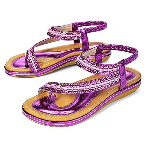 gracosy Sandalias Planas Verano Mujer Estilo Bohemia Zapatos para Mujer de Dedo Sandalias Talla Grande Cinta Elástica Casuales de Playa Chanclas Romanas de Mujer 2020 Rhinestone de Moda