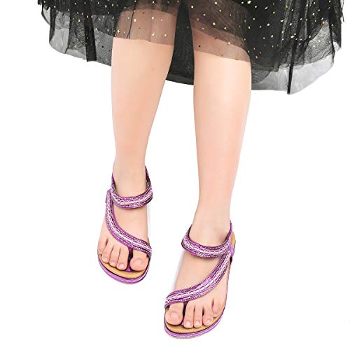gracosy Sandalias Planas Verano Mujer Estilo Bohemia Zapatos para Mujer de Dedo Sandalias Talla Grande Cinta Elástica Casuales de Playa Chanclas Romanas de Mujer 2020 Rhinestone de Moda