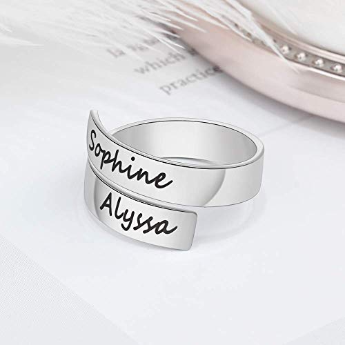 Grand Made Personalizado Nombre Twist Ring 2 Nombre Abierto Ajustable Grabado Nombre BFF Regalo Promesa para la Madre Acero Anillo Aniversario Día de San Valentín Anillo de Mujer Pareja (Silver)