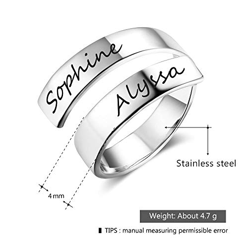 Grand Made Personalizado Nombre Twist Ring 2 Nombre Abierto Ajustable Grabado Nombre BFF Regalo Promesa para la Madre Acero Anillo Aniversario Día de San Valentín Anillo de Mujer Pareja (Silver)