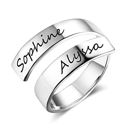Grand Made Personalizado Nombre Twist Ring 2 Nombre Abierto Ajustable Grabado Nombre BFF Regalo Promesa para la Madre Acero Anillo Aniversario Día de San Valentín Anillo de Mujer Pareja (Silver)