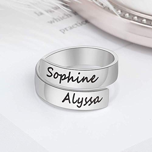 Grand Made Personalizado Nombre Twist Ring 2 Nombre Abierto Ajustable Grabado Nombre BFF Regalo Promesa para la Madre Acero Anillo Aniversario Día de San Valentín Anillo de Mujer Pareja (Silver)