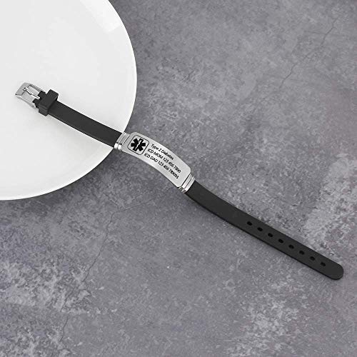 Grand Made Pulseras personalizadas de id médica de alerta de 9" Pulsera de silicona ajustable para deportes de emergencia para hombres Mujeres Pulsera impermeable para mujer (Black & Silver 2)