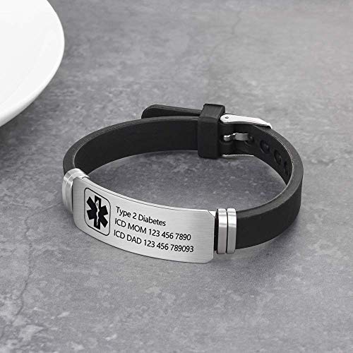 Grand Made Pulseras personalizadas de id médica de alerta de 9" Pulsera de silicona ajustable para deportes de emergencia para hombres Mujeres Pulsera impermeable para mujer (Black & Silver 2)