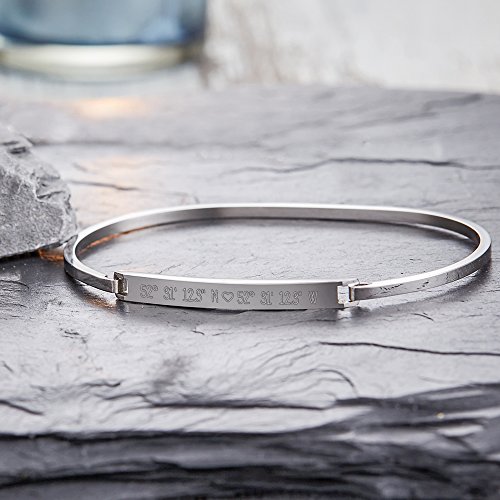 Gravado – Brazalete para Mujer – Pulsera de Acero Inoxidable – Personalizado con Las Coordenadas de GPS – Plata – Joyas Grabadas para Mujeres – Ideas para San Valentín – Detalles para una Amiga