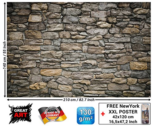 GREAT ART Mural de Pared – Muro De Piedra Gris – Piedra Óptica de tapices patrón de Piedras 1000piedras Tapiz en óptica de Piedra Foto Papel Pintado Y Decoración (210 x 140 cm)