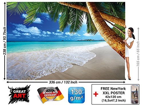 GREAT ART Mural De Pared – Playa Palmera – Sueño Caribeño Playa Bahía Paraíso Naturaleza Isla Palmeras Trópicos Cielo Azul Foto Papel Pintado Y Tapiz Y Decoración (336 x 238 cm)