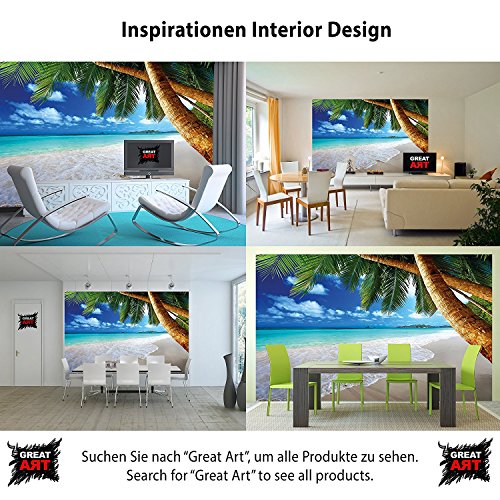 GREAT ART Mural De Pared – Playa Palmera – Sueño Caribeño Playa Bahía Paraíso Naturaleza Isla Palmeras Trópicos Cielo Azul Foto Papel Pintado Y Tapiz Y Decoración (336 x 238 cm)