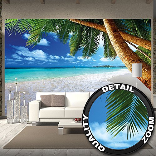 GREAT ART Mural De Pared – Playa Palmera – Sueño Caribeño Playa Bahía Paraíso Naturaleza Isla Palmeras Trópicos Cielo Azul Foto Papel Pintado Y Tapiz Y Decoración (336 x 238 cm)