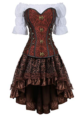 Grebrafan Conjunto de Corsé Pirata Bordado Cintura Corset y Falda Tutú De Tul y Blanco Blusa Fiesta (EUR(42-44) 3XL, Marrón)