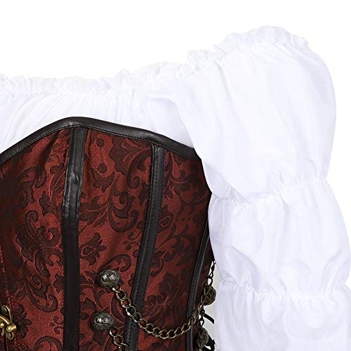 Grebrafan Conjunto de Corsé Pirata Bordado Cintura Corset y Falda Tutú De Tul y Blanco Blusa Fiesta (EUR(42-44) 3XL, Marrón)