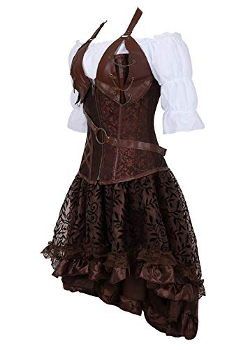 Grebrafan Conjunto de Corsé Pirata Gótico Bordado Cuero Corset y Falda Tutú De Tul y Blanco Blusa Fiesta (EUR(46-48) 5XL, Marrón)