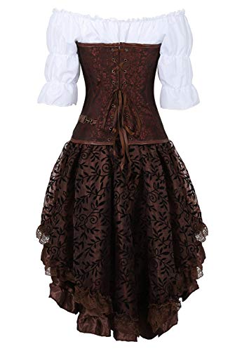 Grebrafan Conjunto de Corsé Pirata Gótico Bordado Cuero Corset y Falda Tutú De Tul y Blanco Blusa Fiesta (EUR(46-48) 5XL, Marrón)