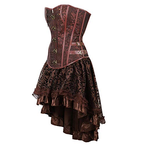 Grebrafan Steampunk Corset Brocado Corsé y Falda Conjunto Fiesta Halloween Disfraces (EU(34-36) M, Marrón)