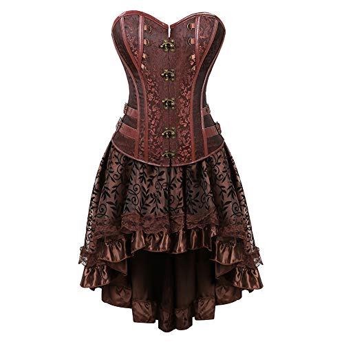 Grebrafan Steampunk Corset Brocado Corsé y Falda Conjunto Fiesta Halloween Disfraces (EU(34-36) M, Marrón)