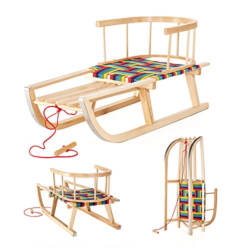 Green Blue GB138 - Trineos de Madera Natural de árboles de Hoja caduca con Respaldo extraíble, tapicería de Tela Tipo palmeado, con Cuerda de Trineo y Patines con Placa de Metal.