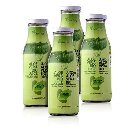 Green Frog Jugo de Aloe Vera Bio con Pulpa - Pack de 4 Botellas - Aloe Vera 99,8%