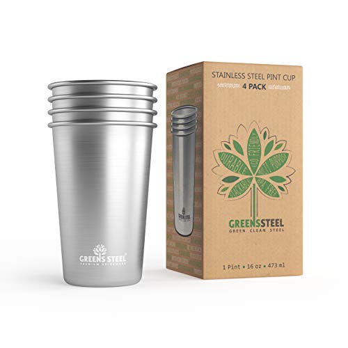 Greens Steel Taza de Acero Inoxidable de 16 oz/473ml (Paquete de 4) Vasos Copas de Metal Tumbler Apilables Premium
