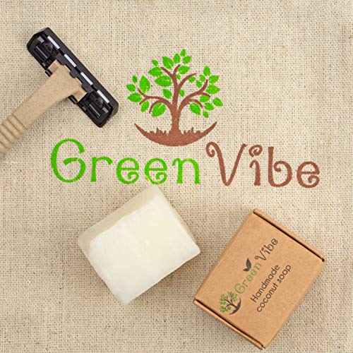 GreenVibe Set de afeitadoras Eco: Afeitadoras con mangos biodegradables, 3 Cuchillas, con Jabón de Coco, Orgánico, Hecho a mano y Bolsa de Lino Natural.