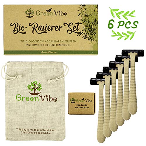 GreenVibe Set de afeitadoras Eco: Afeitadoras con mangos biodegradables, 3 Cuchillas, con Jabón de Coco, Orgánico, Hecho a mano y Bolsa de Lino Natural.