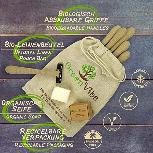 GreenVibe Set de afeitadoras Eco: Afeitadoras con mangos biodegradables, 3 Cuchillas, con Jabón de Coco, Orgánico, Hecho a mano y Bolsa de Lino Natural.