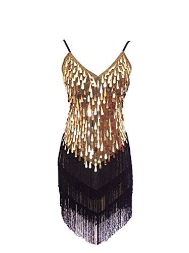 Grouptap Falda Honda de Baile de salón de Baile con Flecos y Lentejuelas Gatsby Lentejuelas para Mujer y Salsa Latina Tango Samba cha cha Vestido de Rumba (Dorado y Negro, EU 32-38)