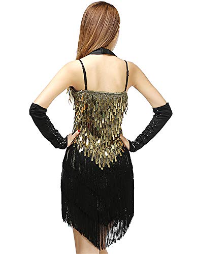 Grouptap Falda Honda de Baile de salón de Baile con Flecos y Lentejuelas Gatsby Lentejuelas para Mujer y Salsa Latina Tango Samba cha cha Vestido de Rumba (Dorado y Negro, EU 32-38)