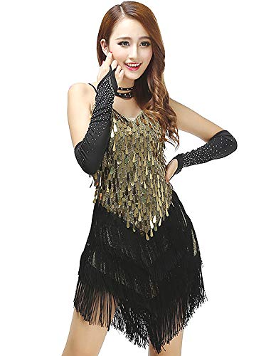 Grouptap Falda Honda de Baile de salón de Baile con Flecos y Lentejuelas Gatsby Lentejuelas para Mujer y Salsa Latina Tango Samba cha cha Vestido de Rumba (Dorado y Negro, EU 32-38)