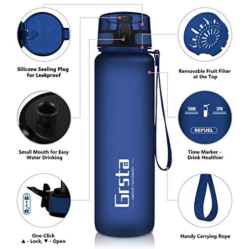 Grsta Botella Agua - Botella de Agua Deportes 350ml Botella Deportiva Tritan de Plástico Sin BPA con Filtro & Marcador de Tiempo para Niños y Adultos, Hogar y Exterior