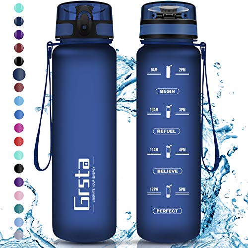 Grsta Botella Agua - Botella de Agua Deportes 350ml Botella Deportiva Tritan de Plástico Sin BPA con Filtro & Marcador de Tiempo para Niños y Adultos, Hogar y Exterior