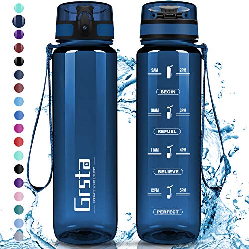 Grsta Botella Agua - Botella de Agua Deportes 350ml Botella Deportiva Tritan de Plástico Sin BPA con Filtro & Marcador de Tiempo para Niños y Adultos, Hogar y Exterior