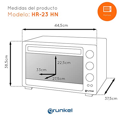 Grunkel - HR-23HN - Horno eléctrico multifunción de sobremesa de 23l con 3 funciones de calor y selector de temperatura hasta 230ºC. Temporizador hasta 60 min - 1600W - Negro