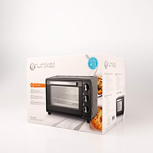 Grunkel - HR-23HN - Horno eléctrico multifunción de sobremesa de 23l con 3 funciones de calor y selector de temperatura hasta 230ºC. Temporizador hasta 60 min - 1600W - Negro
