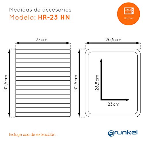 Grunkel - HR-23HN - Horno eléctrico multifunción de sobremesa de 23l con 3 funciones de calor y selector de temperatura hasta 230ºC. Temporizador hasta 60 min - 1600W - Negro