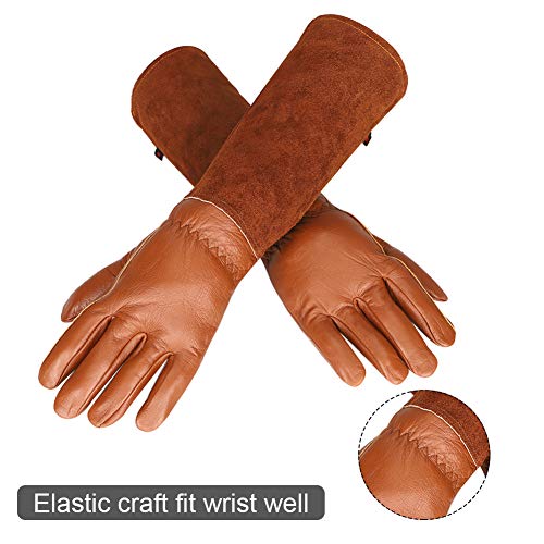 Guantes de piel de cabra resistentes a los pinchazos y a la decoloración, protectores de brazo largos, guantes de jardinería, guante de piel para podar rosas HCT08-B, XL, café, 2