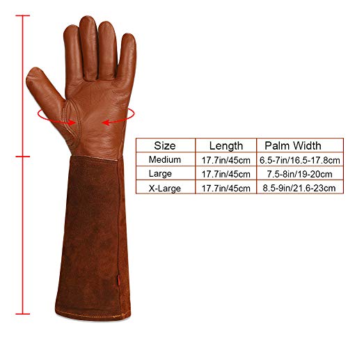 Guantes de piel de cabra resistentes a los pinchazos y a la decoloración, protectores de brazo largos, guantes de jardinería, guante de piel para podar rosas HCT08-B, XL, café, 2