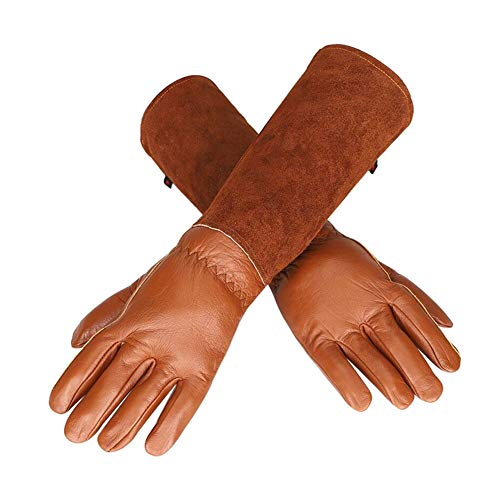 Guantes de piel de cabra resistentes a los pinchazos y a la decoloración, protectores de brazo largos, guantes de jardinería, guante de piel para podar rosas HCT08-B, XL, café, 2