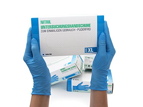 Guantes Desechables de Nitrilo 1000 (10x100) Unidades Caja, (XL, azul) Guantes de examen, sin latex, sin polvo, no estériles, disposables medical gloves