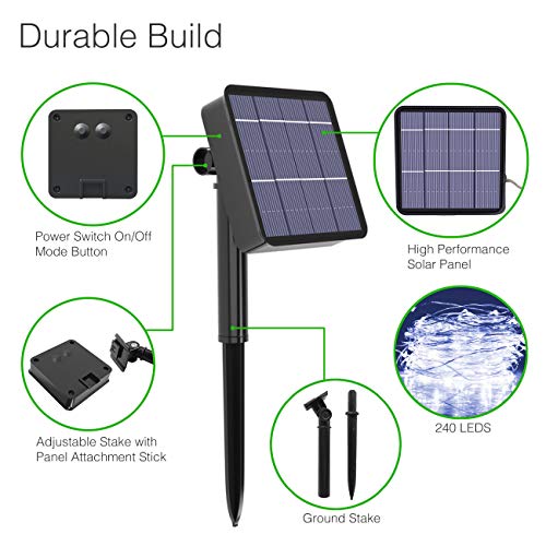 Guirnalda Luces Exterior Solar, Kolpop Cadena de Luces 26 Metros 240 LED, 8 Modos de Luz, Decoración para Navidad, Fiestas, Bodas, Patio, Dormitorio Jardines, Festivales (Blanco Frío)